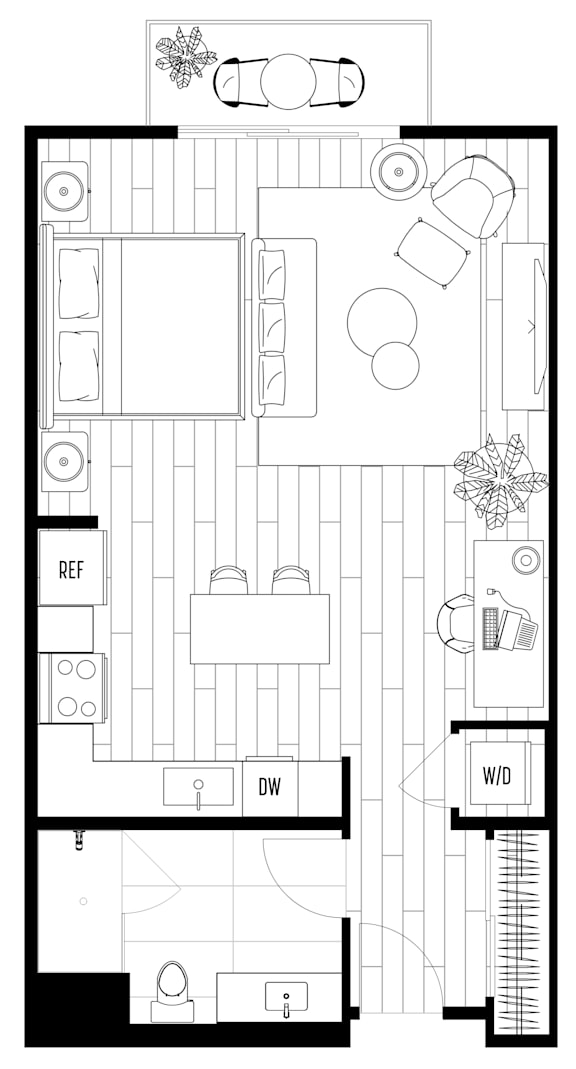 A black and white floor plan of a house with a living room, dining room, kitchen, and bathrooms.